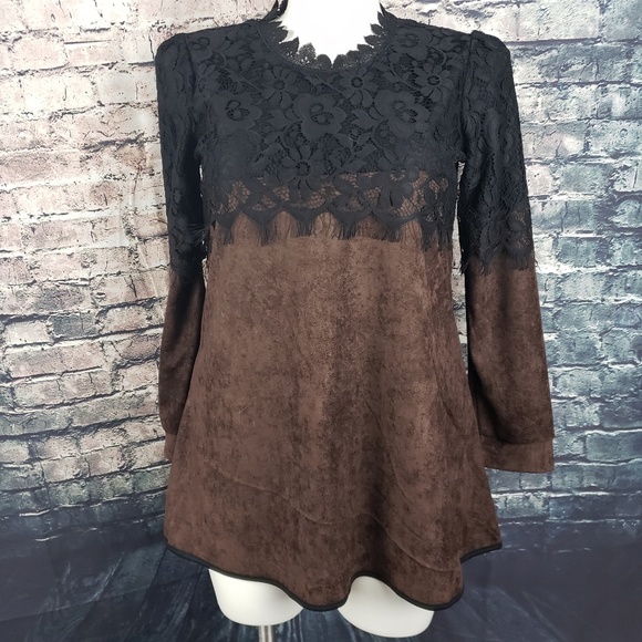 Hibiscus Pizza Tops - Faux Chocolate Leather and Black Lace Tunic, Large Hibiscus Pizza Tops - Faux Chocolate Leather and Black Lace Tunic, Large